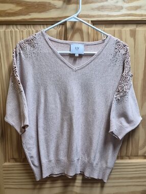 LIV Blush V-Neck Crochet-Shoulder Sweater